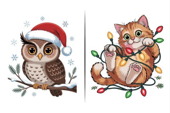 Cat Owl Christmas Animals Illustration: A Festive Graphics Gem